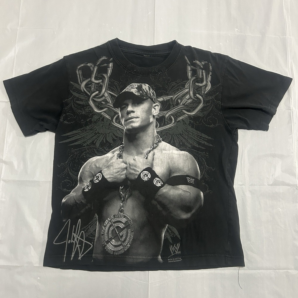 Vintage John Cena T Shirt Youth Medium All Over Print Black Graphic WWE Y2K
